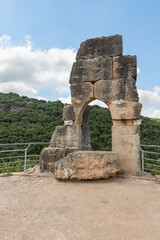 Naklejka premium The ruins of the Monfort fortress are located on a high hill overgrown with forest, not far from Shlomi city, in the Galilee, in northern Israel