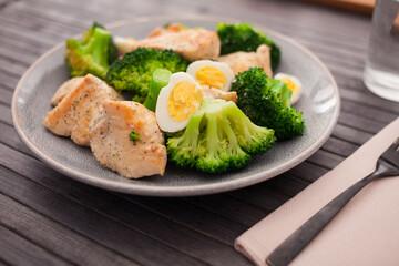 pieces of fried chicken breast with boiled broccoli and quail eggs on plate for lunch