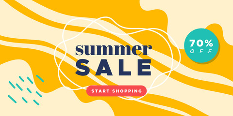 Fototapeta premium Summer sale colorful banner. Abstract organic wavy shapes background. 70% off. For newsletter, web header, social media post, promotional banner, advertising and identity. Vector illustration, flat de