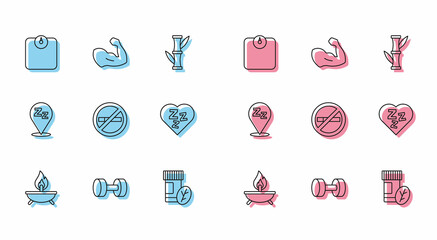 Set line Aroma candle, Dumbbell, Bathroom scales, Vitamin pill, No Smoking, Sleepy, and Bodybuilder muscle icon. Vector