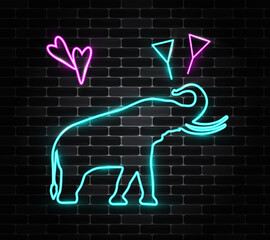 Elephant, alcoholic drink and heart with neon effect. Party vector isolated on dark brick background.