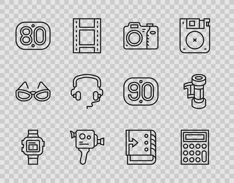 Set line Wrist watch, Calculator, Photo camera, Retro cinema, 80s, Headphones, Sound mixer controller and Camera cartridge icon. Vector