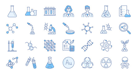 Chemistry doodle illustration including icons - flask, lab tube, scientist, petri dish, beaker, experiment, biotechnology. Thin line art about laboratory research. Blue Color, Editable Stroke