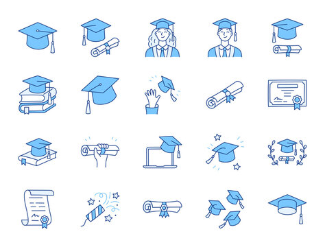 Graduation doodle illustration including icons - student in cap, diploma certificate scroll, university degree. Thin line art about high school education. Blue Color, Editable Stroke