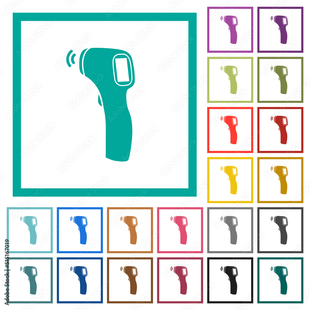 Poster contactless thermometer solid flat color icons with quadrant frames