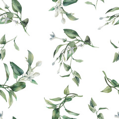 Watercolor floral seamless pattern. Greenery and white flowers wallpaper design.
