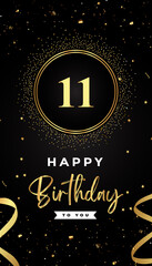 11th Birthday celebration with gold circle frames, ribbons, stars, and gold confetti glitter. Premium design for brochure, poster, leaflet, greeting card, birthday invitation, and Celebration events. 