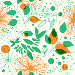 Fantasy seamless pattern. Decorative vector background with flowesr and leaves. Abstract graphic print