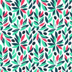 Floral seamless background with olive branches. Decorative nature pattern