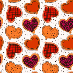 Sweet buns with jem. Seamless bakery vector pattern. Decorative kitchen background - 515167647