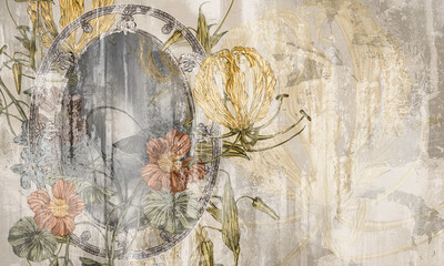 Fototapety  vintage mirror with flowers on a textured shabby background photo wallpaper in the interior