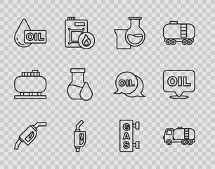 Set line Gasoline pump nozzle, Tanker truck, Oil petrol test tube, drop, filling station and Word oil icon. Vector
