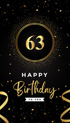 63th Birthday celebration with gold circle frames, ribbons, stars, and gold confetti glitter. Premium design for brochure, poster, leaflet, greeting card, birthday invitation, and Celebration events. 