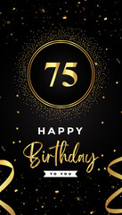 75th Birthday celebration with gold circle frames, ribbons, stars, and gold confetti glitter. Premium design for brochure, poster, leaflet, greeting card, birthday invitation, and Celebration events. 
