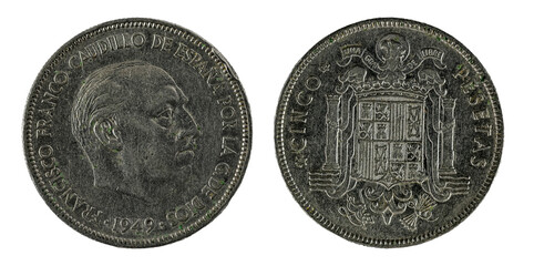Spanish coins - 5 pesetas, Francisco Franco. Minted in the year 1949
