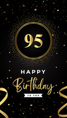 95th Birthday celebration with gold circle frames, ribbons, stars, and gold confetti glitter. Premium design for brochure, poster, leaflet, greeting card, birthday invitation, and Celebration events. 