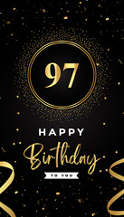 97th Birthday celebration with gold circle frames, ribbons, stars, and gold confetti glitter. Premium design for brochure, poster, leaflet, greeting card, birthday invitation, and Celebration events. 