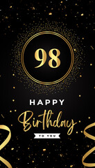 98th Birthday celebration with gold circle frames, ribbons, stars, and gold confetti glitter. Premium design for brochure, poster, leaflet, greeting card, birthday invitation, and Celebration events. 