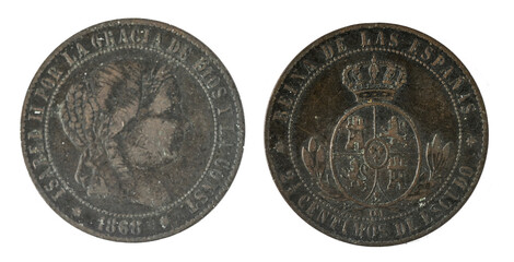Spanish coins - two and a half centimos de escudo, Isabel II. Minted in copper from the year 1868