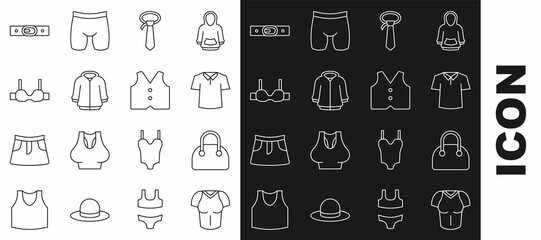 Set line T-shirt, Handbag, Shirt, Tie, Hoodie, Bra, Belt and Waistcoat icon. Vector