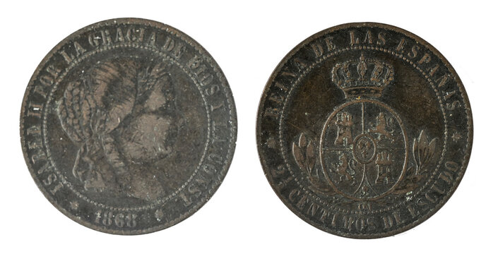 Spanish coins - two and a half centimos de escudo, Isabel II. Minted in copper from the year 1868