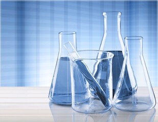 Front view of scientist chemical reaction in chemistry laboratory. Liquid in transparent test tube