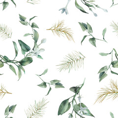 Watercolor spruse and stephanotis pattern. Hand painted vintage texture with branches, white flowers and leaves on white background. Traditional repeating surface