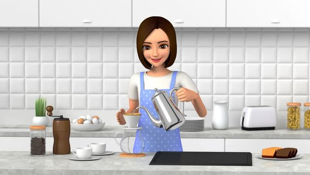 3D animation -  A woman in an apron is making coffee.