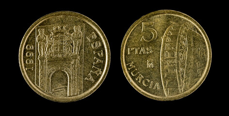 Spanish coins - 5 pesetas, Murcia. Juan Carlos I. Minted in 1999