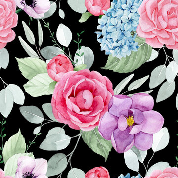 watercolor drawing. seamless pattern with garden flowers. bouquets of pink roses, peonies, blue hydrangeas and purple magnolias and green eucalyptus leaves. isolated on black background vintage print