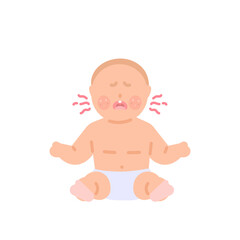 expression of a baby crying because it feels itchy on the skin. symptoms of rashes, allergies, smallpox, measles, skin diseases. health problems. character illustration concept design