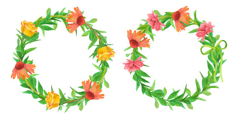 A set of watercolor illustrations of flower wreaths isolated on a white background, green leaves and chamomile, rose and gerbera, frames of field and garden plants with space for text.