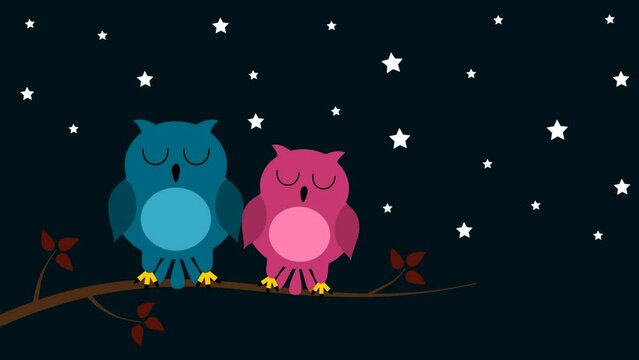 Couple of animals living lovingly during the day and sleeping at night with starry sky and green background - animation