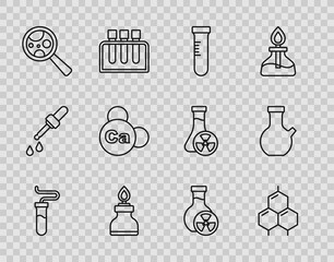 Set line Test tube, Chemical formula, Alcohol spirit burner, Microorganisms under magnifier, Mineral Ca Calcium, with toxic liquid and icon. Vector