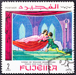 FUJEIRA - circa 1969 A stamp printed in Fujairah depicts a scene from William Shakespeare's tragedy...