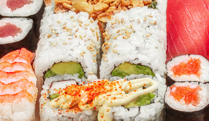 Sushi Pattern. Sushi set with rice, salmon  and shrimps top view. Japan restaurant menu..