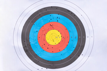Archery target after sport event. Professional sport concept. Horizontal sport poster, greeting cards, headers, website
