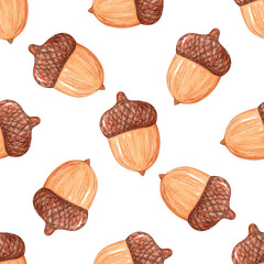Watercolor acorn seamless pattern on white background