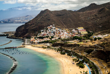 Fototapeta premium Aerial view of Las Teresitas beach and San Andres town, Sta. Cruz de Tenerife, Tenerife, Canary Islands, Spain