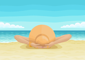 Young woman in a hat on the beach. Vector illustration. Summer concept, vacation and beach concept. For postcard, poster