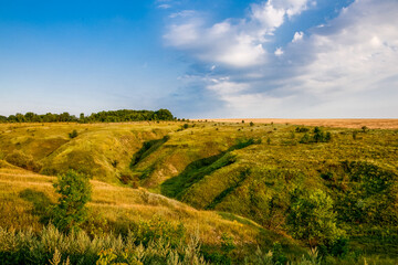 Fototapeta na wymiar Green meadow and hills under blue sky. Summer background