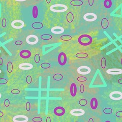 Seamless pattern of circles and triangles on a background with a texture of green shades for textile.