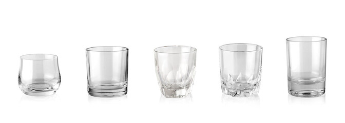 Set of glass of water or whiskey and wine. Empty glass for alcoholic beverages on white background.