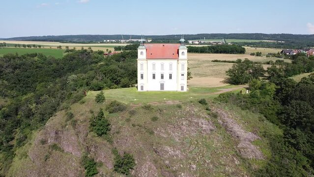 Kaple sv. Flori&aacute;na Moravsky Krumlov historical old town chappel on a scenic hill-aerial panorama view Southern Moravia Czech republic Saint Florian baroque chapel,Moravsk&yacute; Krumlov, Czechia