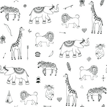 Tribal african animals vector seamless pattern