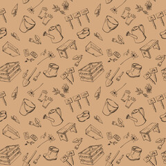 Stylish seamless pattern with contour sketch garden tools, watering can, boots, shovels, seeds. Monochrome endless texture with black line art elements on beige background. Vector illustration.
