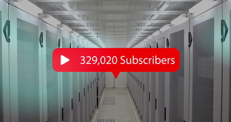 Speech bubble with subscribers text with increasing numbers against empty server room