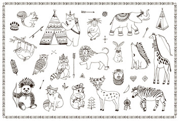 Tribal animals vector line illustrations set
