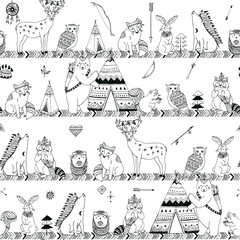 Tribal forest animals vector line seamless pattern