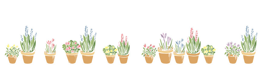 Simple seamless horizontal border frame with colored flowerpots, flowers, potted plants. Endless pattern with hand drawn silhouette on white background for home, festive decor. Vector illustration.
